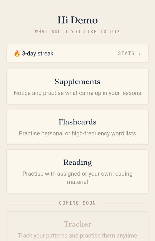 The Engcelerate app home screen, showing a practice streak and the supplements, flashcards and reading sections.