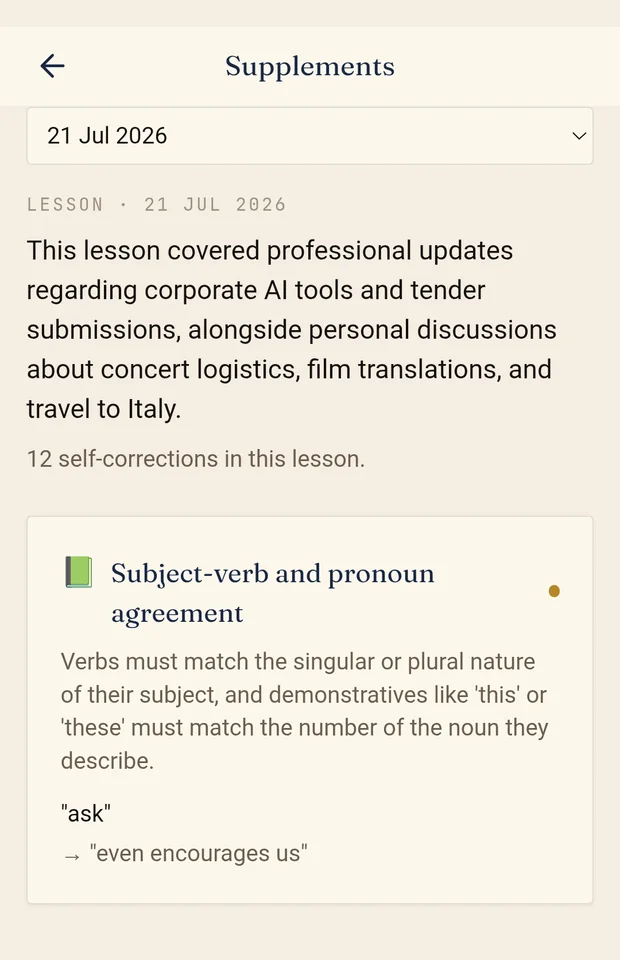 A lesson supplement listing the error patterns that keep recurring, each explained with an example from the lesson.