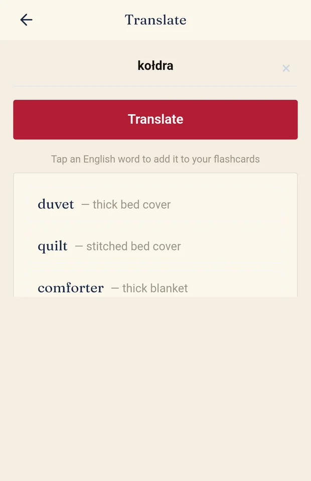 The translator screen: a Polish word typed in, with three English options returned, each tappable to save as a flashcard.