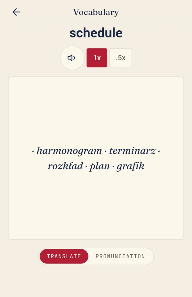 A vocabulary card for the word schedule, showing its Polish equivalents and buttons to hear it at full or half speed.